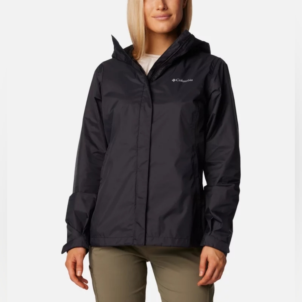NWT Columbia Arcadia II Women's Rain Jacket Black Waterproof Hooded Packable S